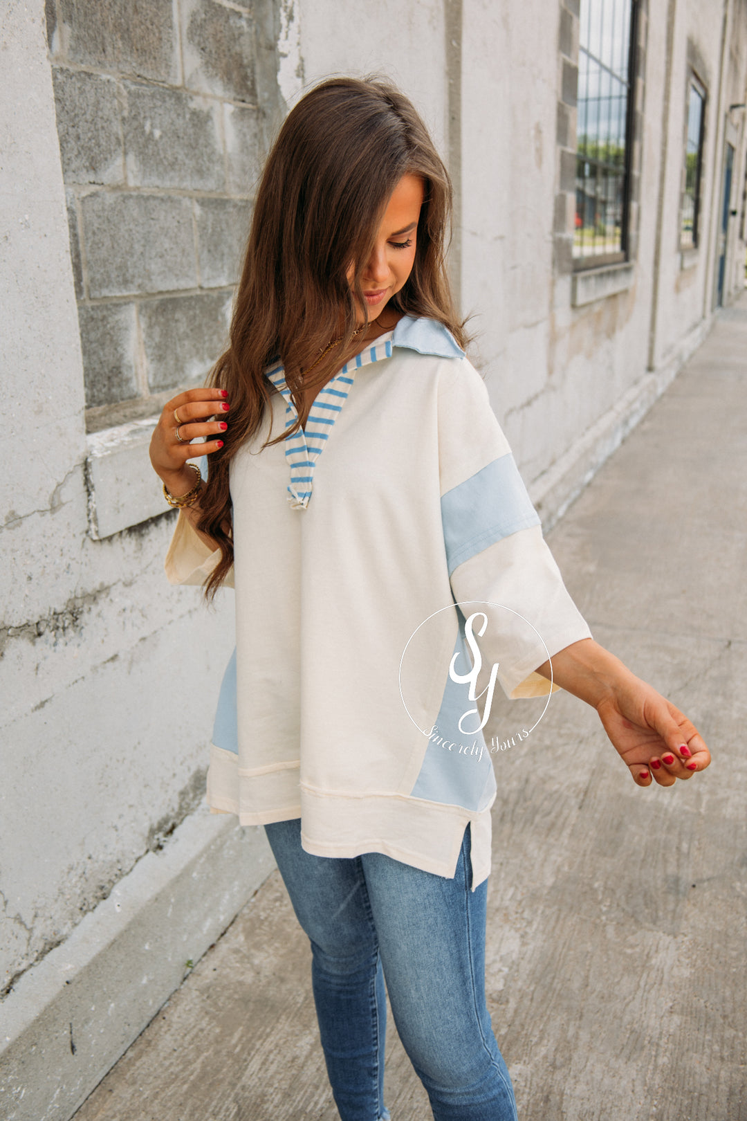 Myrtle Top - Cream/Blue