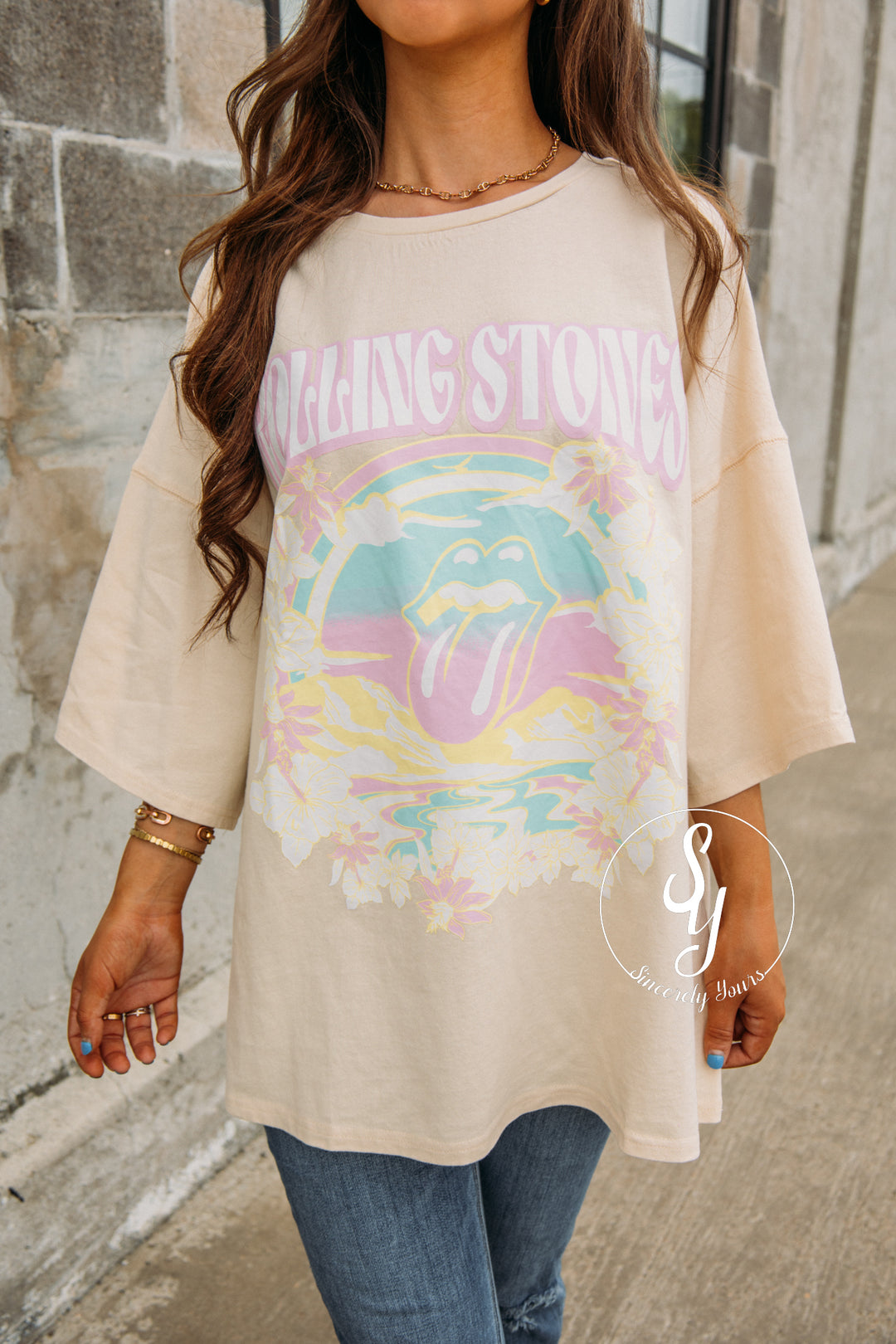 Hawaiian Rolling Stones Licensed Band Tee-Ecru