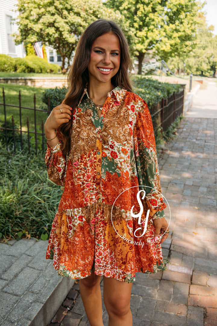 Vineyard Toast Dress- Olive Multi Patch