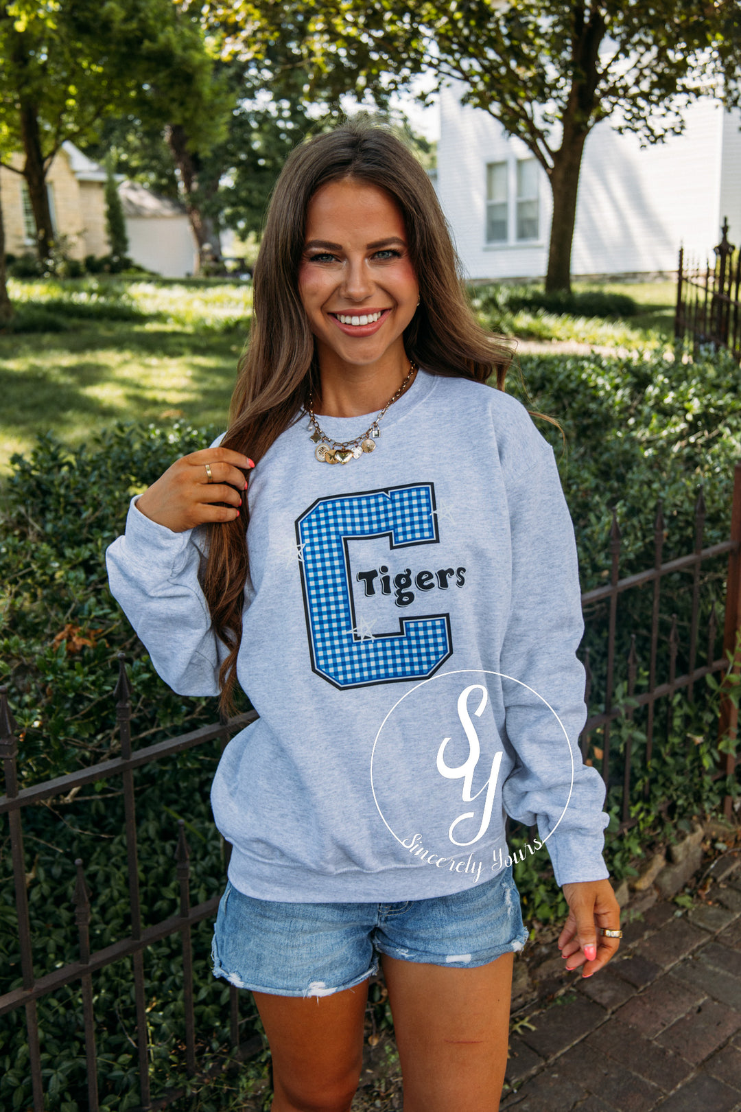 Carthage Tigers Blue Gingham Crewneck- Ash