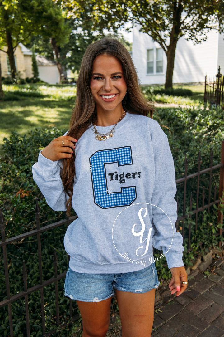 Carthage Tigers Blue Gingham Crewneck- Ash