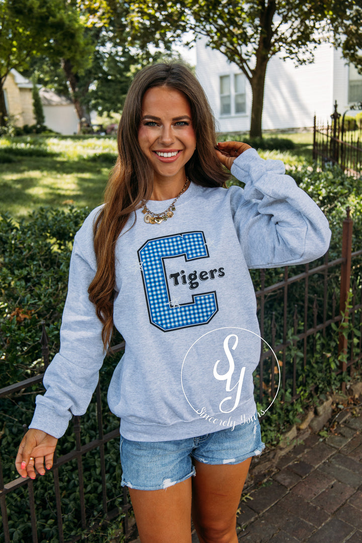 Carthage Tigers Blue Gingham Crewneck- Ash