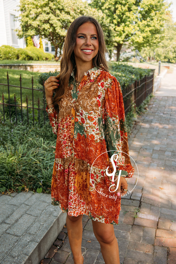 Vineyard Toast Dress- Olive Multi Patch