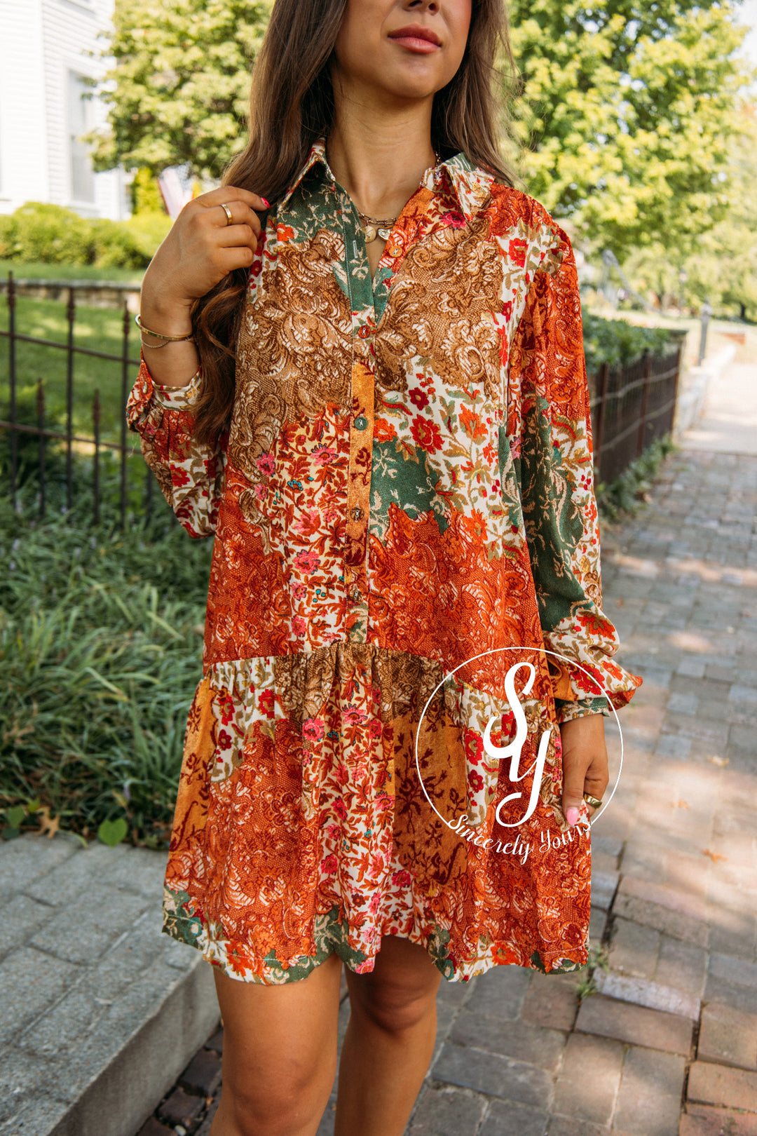 Vineyard Toast Dress- Olive Multi Patch