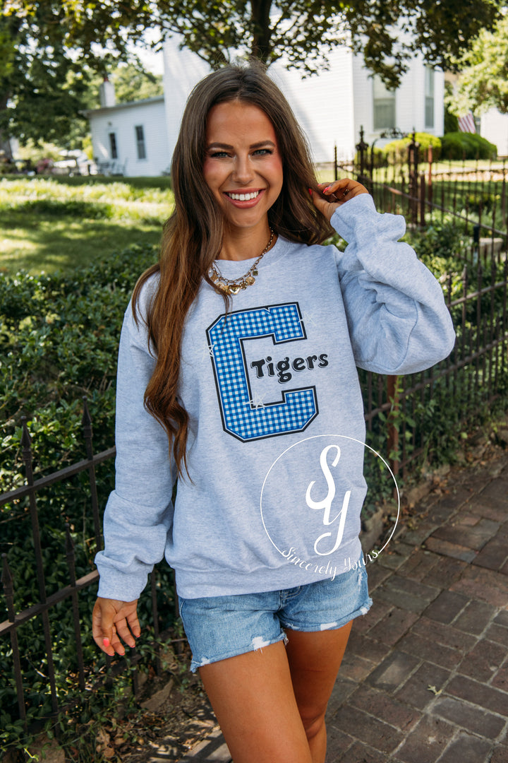 Carthage Tigers Blue Gingham Crewneck- Ash