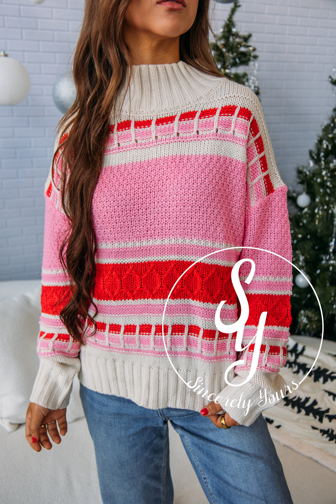 Adorable Vibes Sweater-Ivory Red Multi