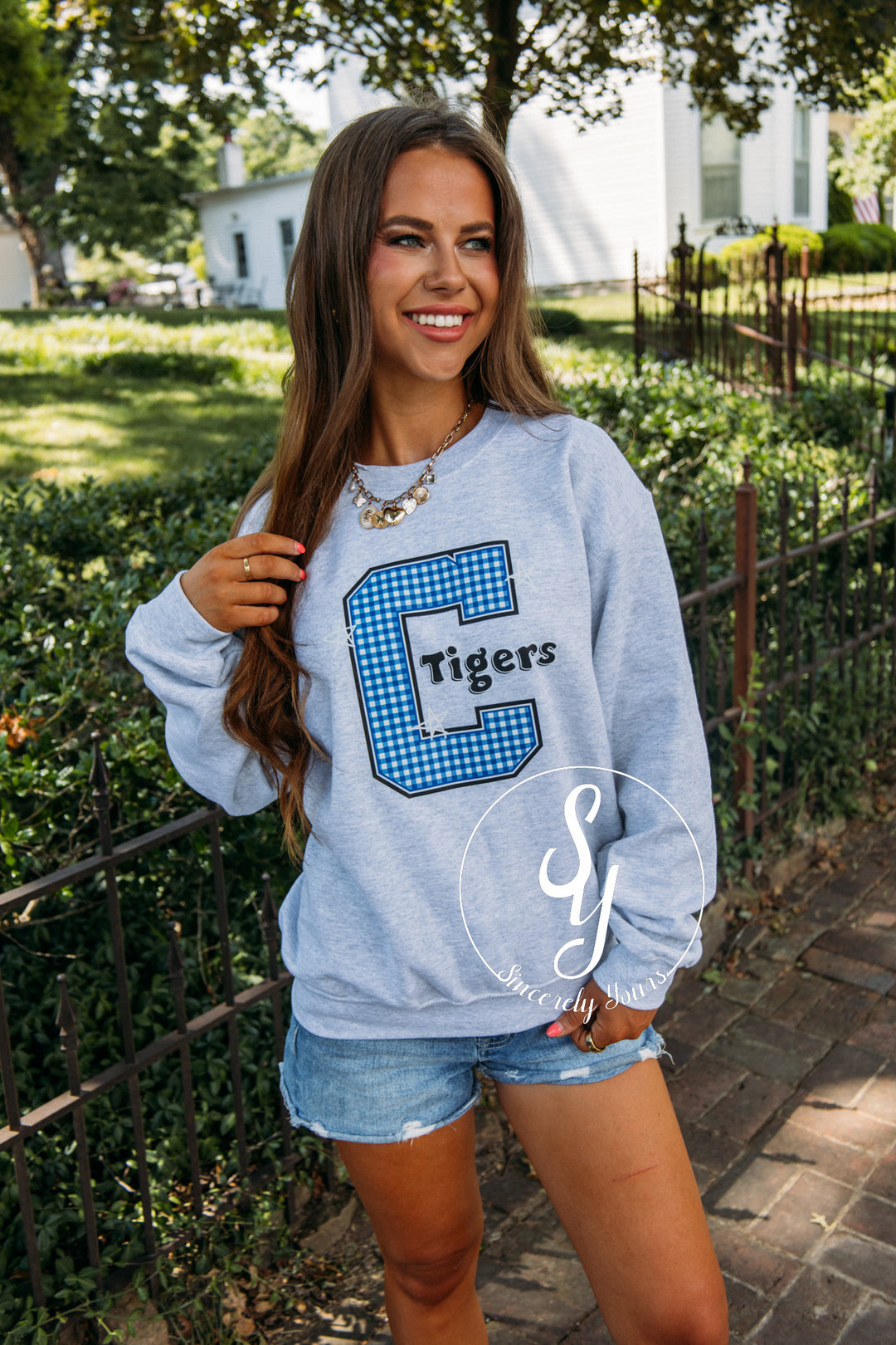 Carthage Tigers Blue Gingham Crewneck- Ash