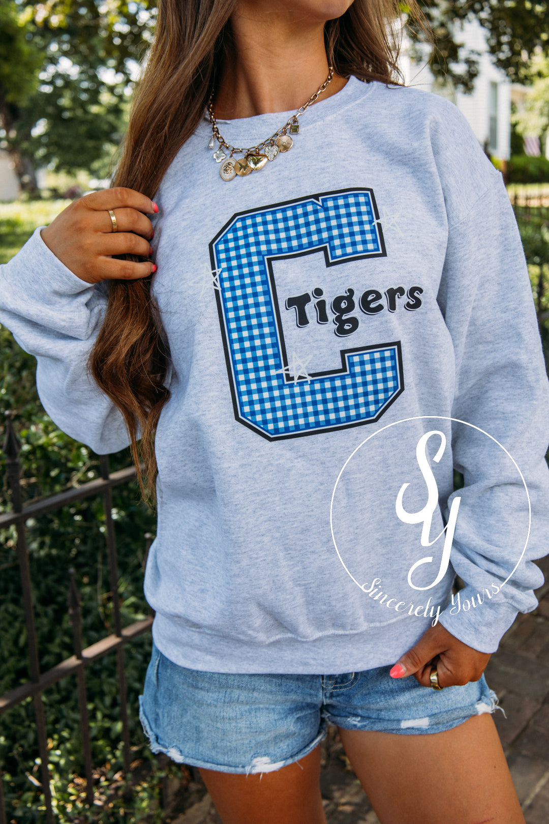 Carthage Tigers Blue Gingham Crewneck- Ash