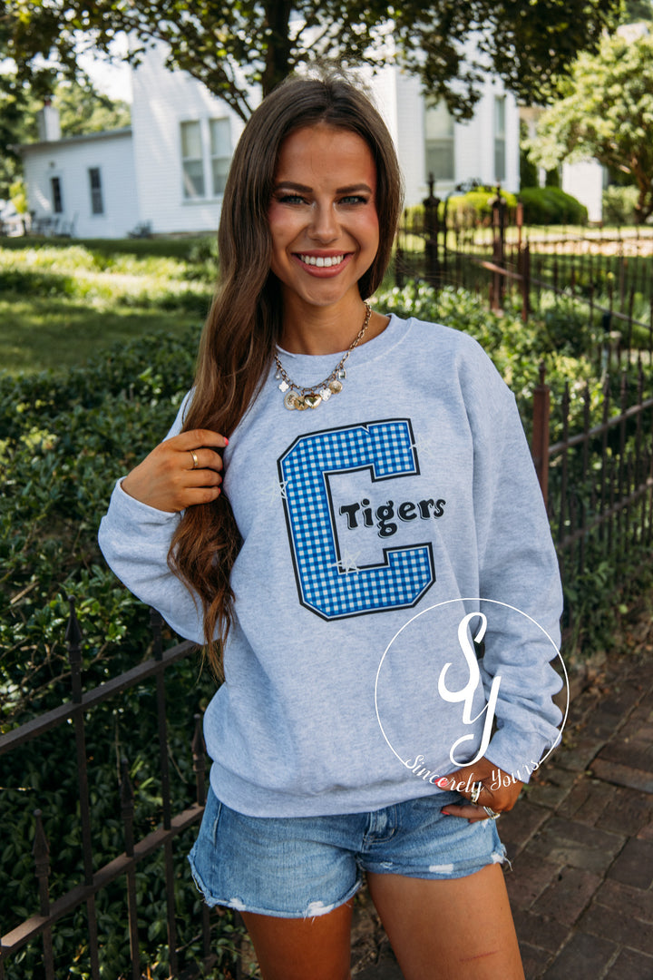 Carthage Tigers Blue Gingham Crewneck- Ash
