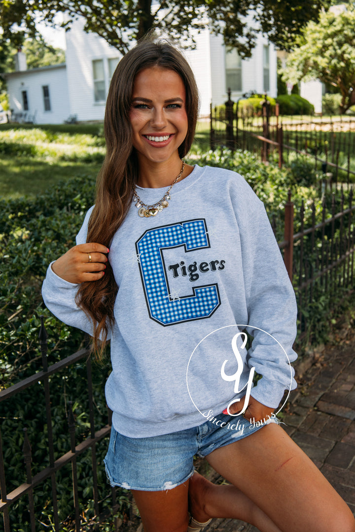 Carthage Tigers Blue Gingham Crewneck- Ash