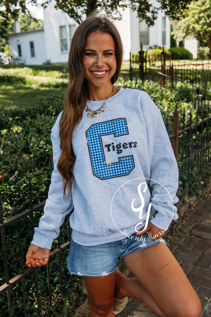 Carthage Tigers Blue Gingham Crewneck- Ash