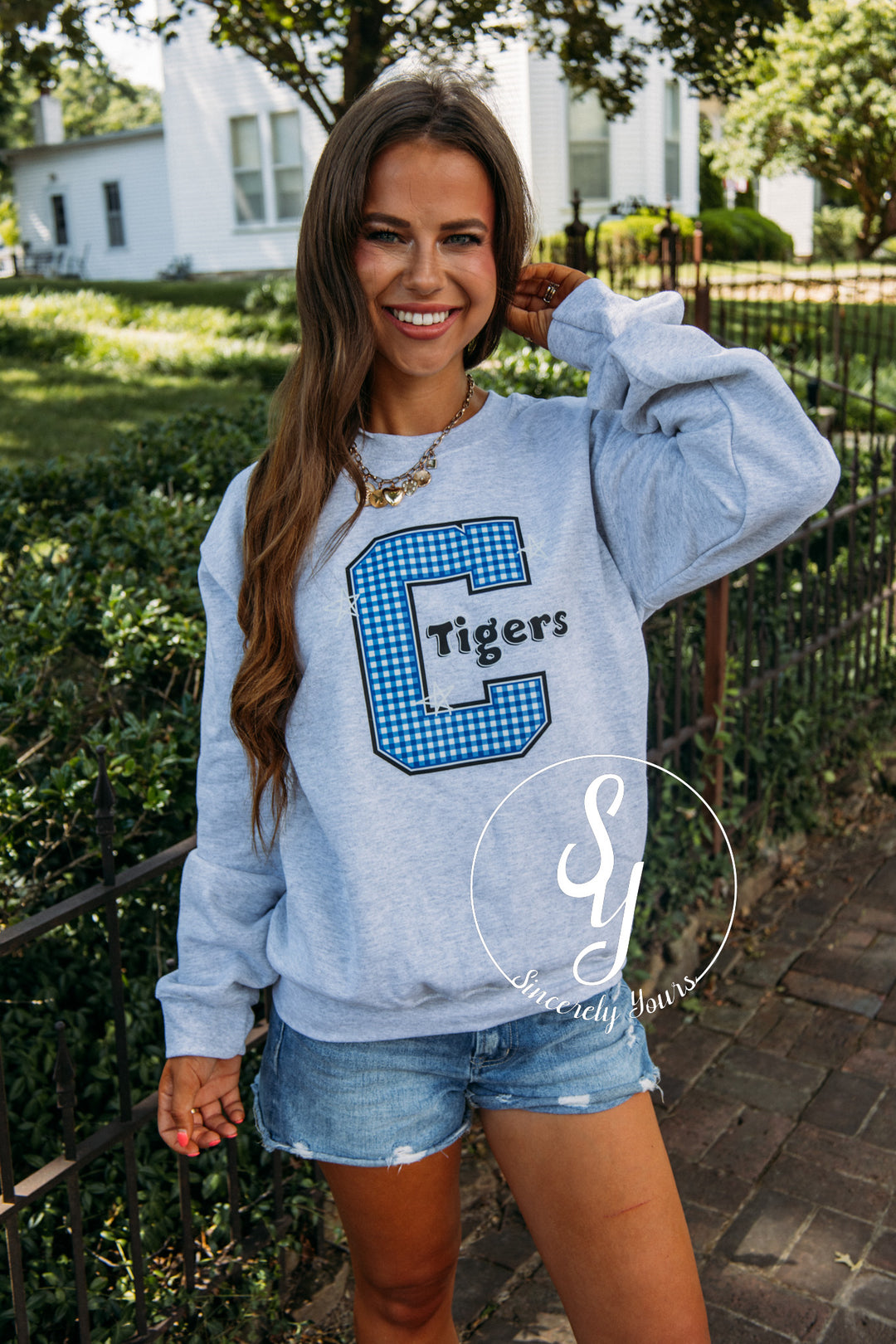 Carthage Tigers Blue Gingham Crewneck- Ash