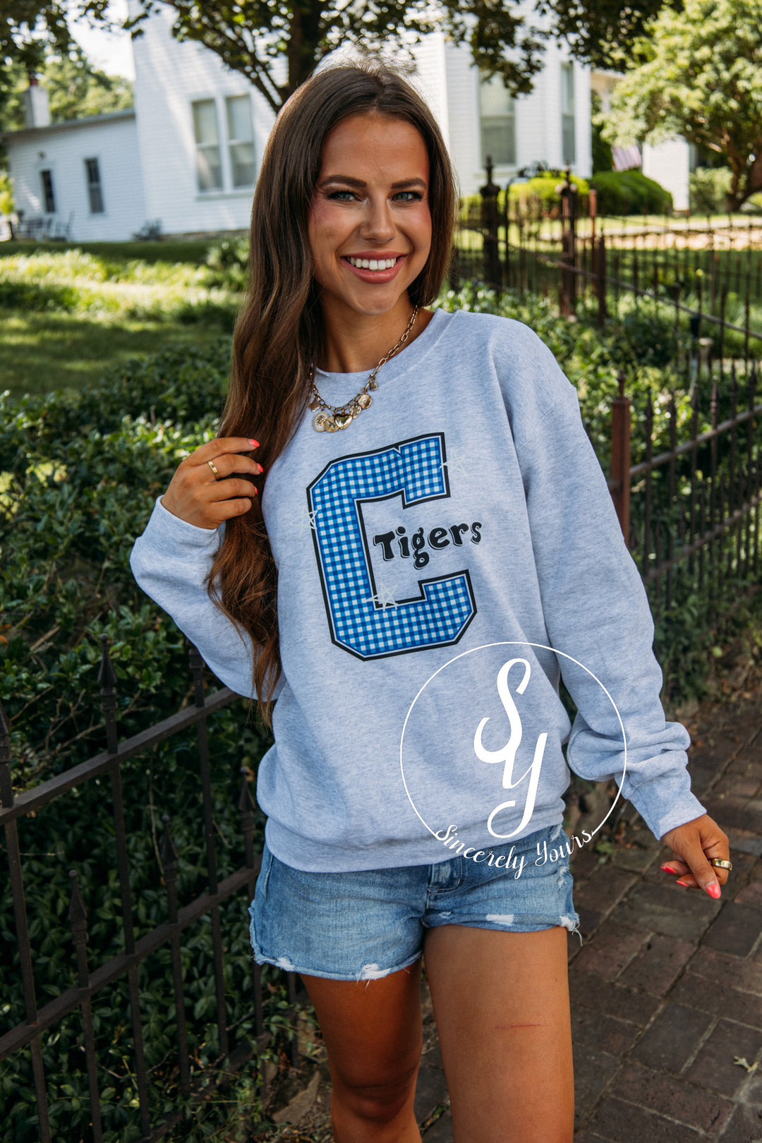Carthage Tigers Blue Gingham Crewneck- Ash