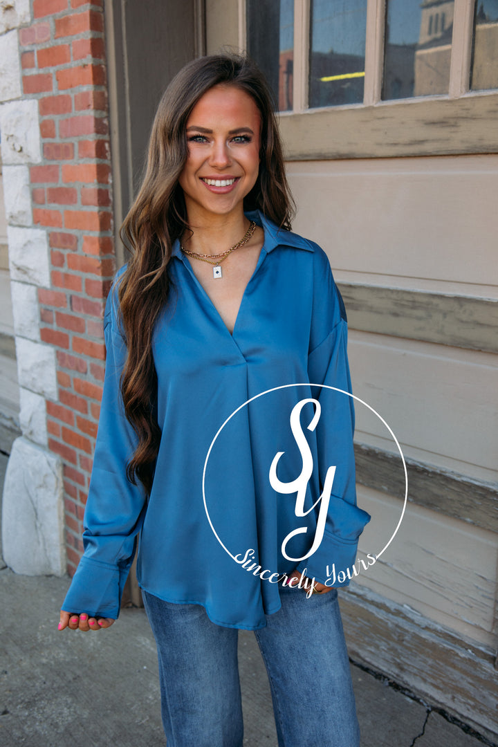 Slip Into Sweetness Top- Gray Blue