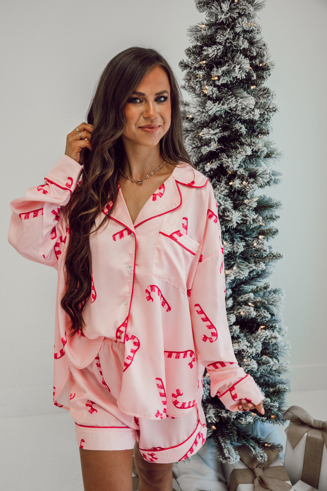 Candy Cane Satin Pajama Set - Light Pink