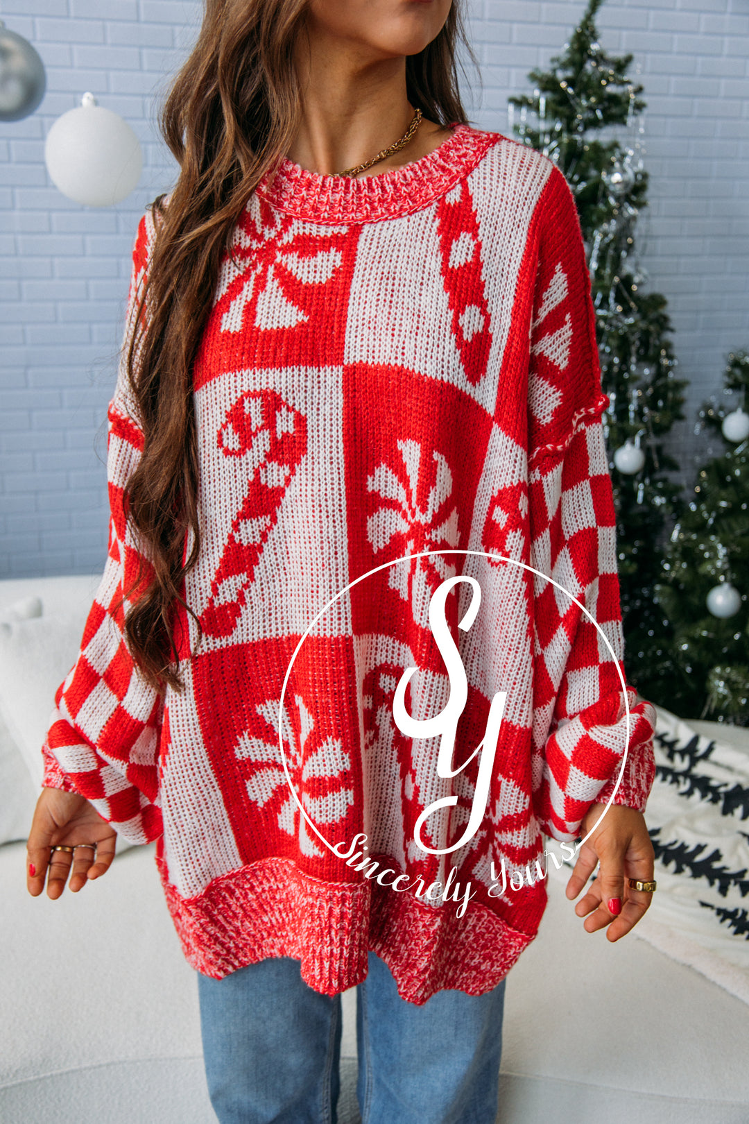 Christmas Checekred Sweater - Red