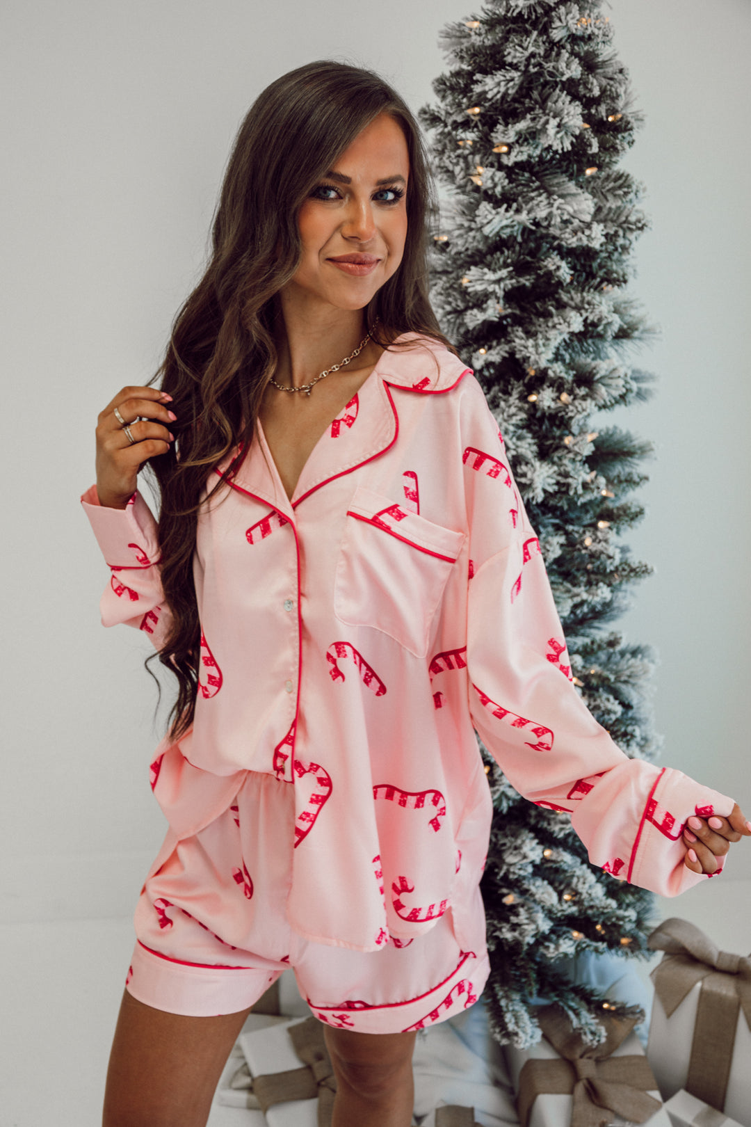 Candy Cane Satin Pajama Set - Light Pink