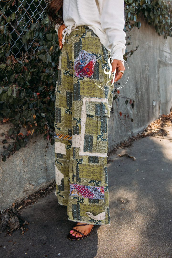 Boho Patch Pant - Olive Multi