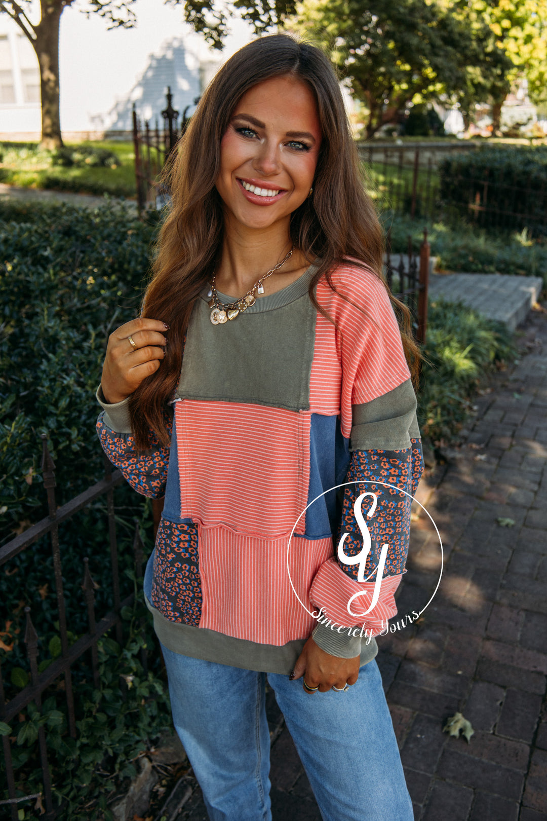 Stripe Check Floral Top- Coral/ Blue