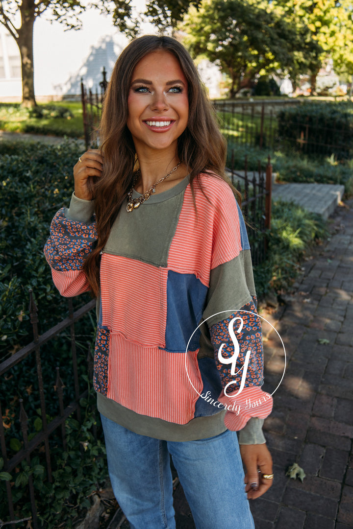 Stripe Check Floral Top- Coral/ Blue