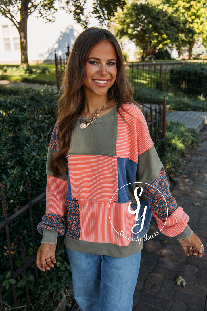 Stripe Check Floral Top- Coral/ Blue
