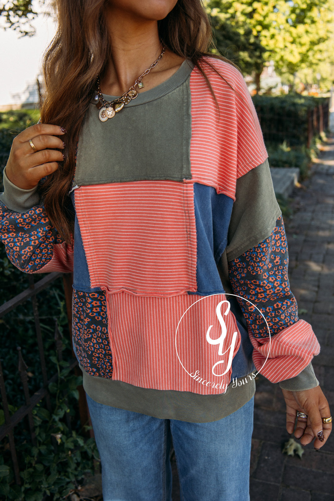 Stripe Check Floral Top- Coral/ Blue
