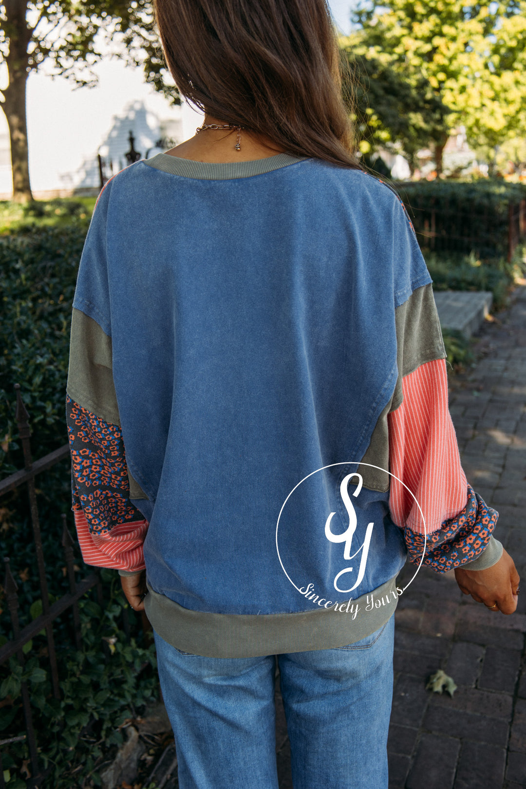 Stripe Check Floral Top- Coral/ Blue