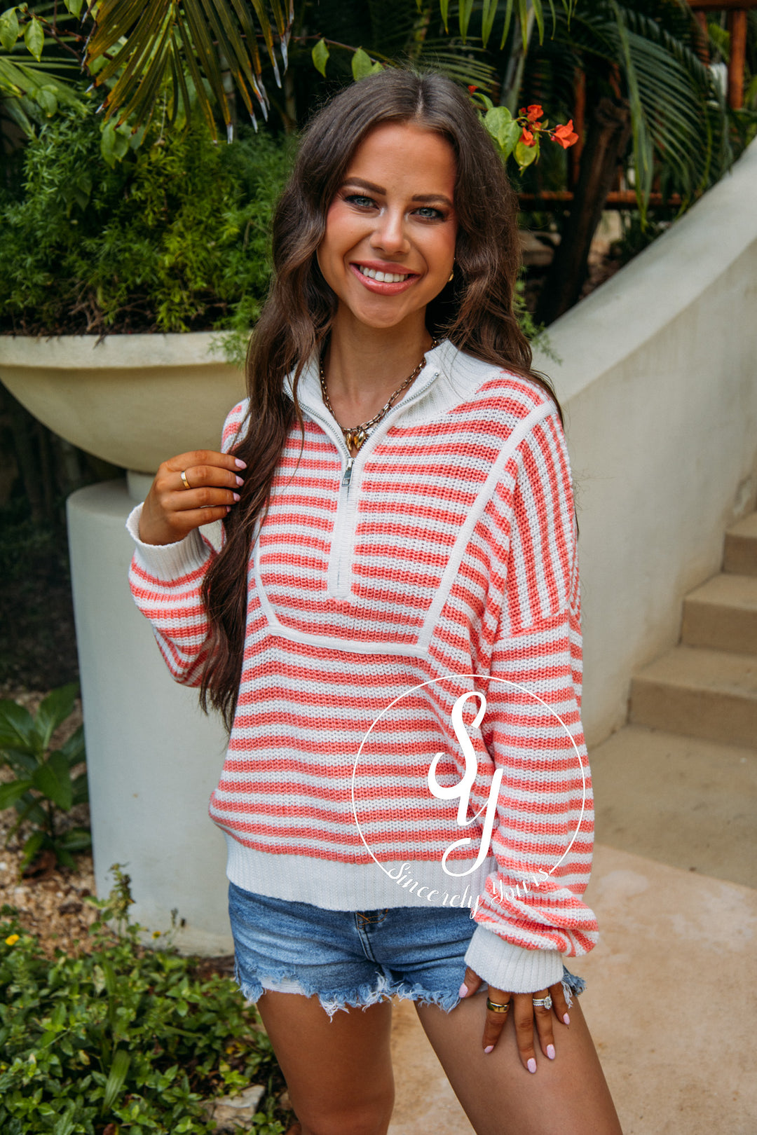 All Smiles Sweater - Melon/White