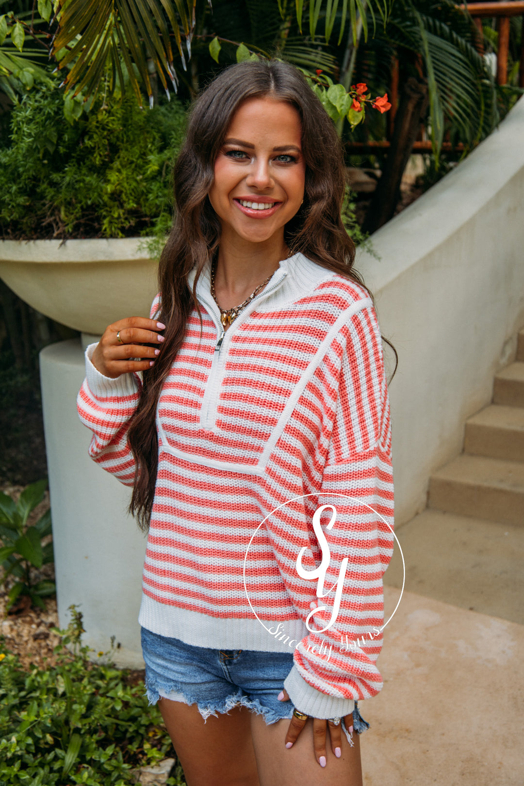 All Smiles Sweater - Melon/White
