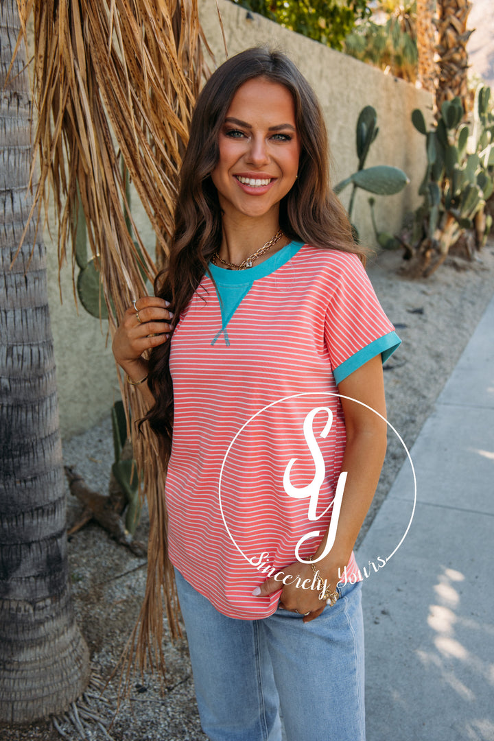 Lake Day Stripe Top- Coral/Teal