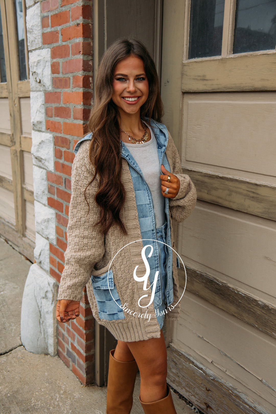 Sweater Love Cardigan - Latte/ Denim
