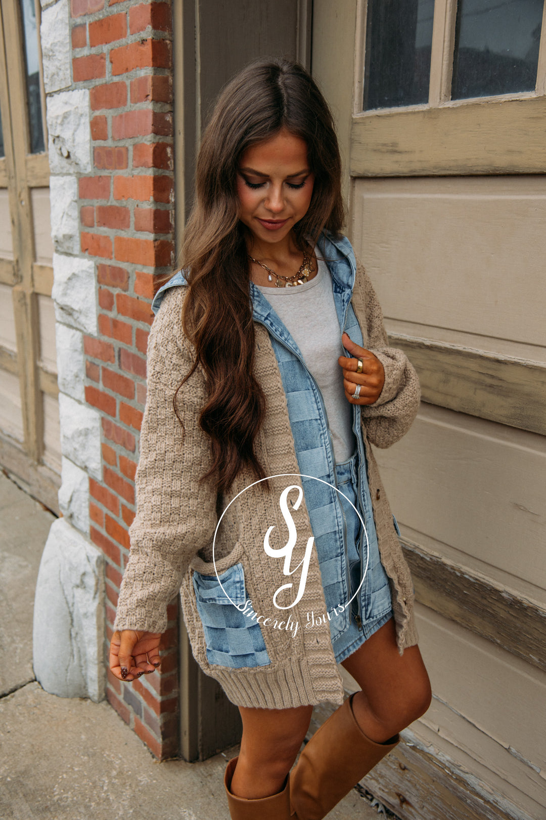 Sweater Love Cardigan - Latte/ Denim