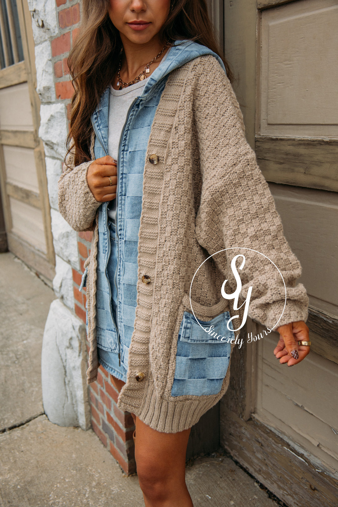 Sweater Love Cardigan - Latte/ Denim