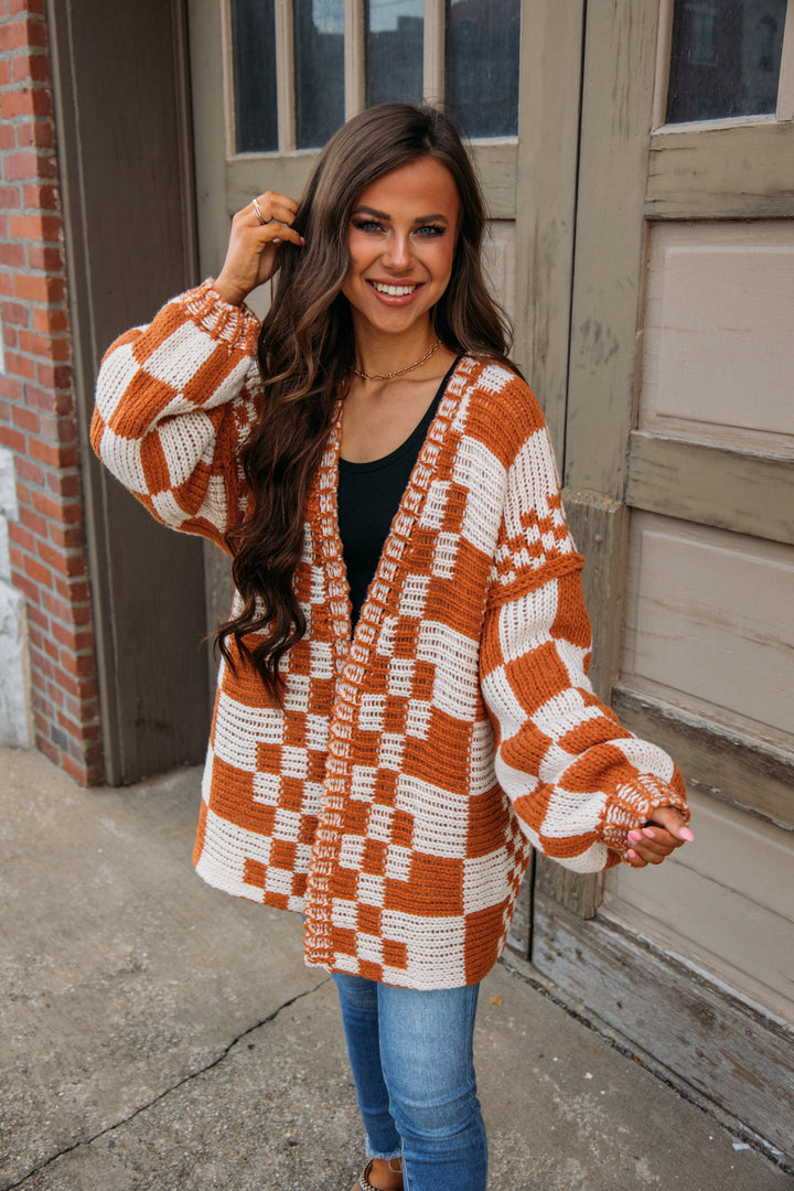 Song On Repeat Checkered Cardigan - Rust