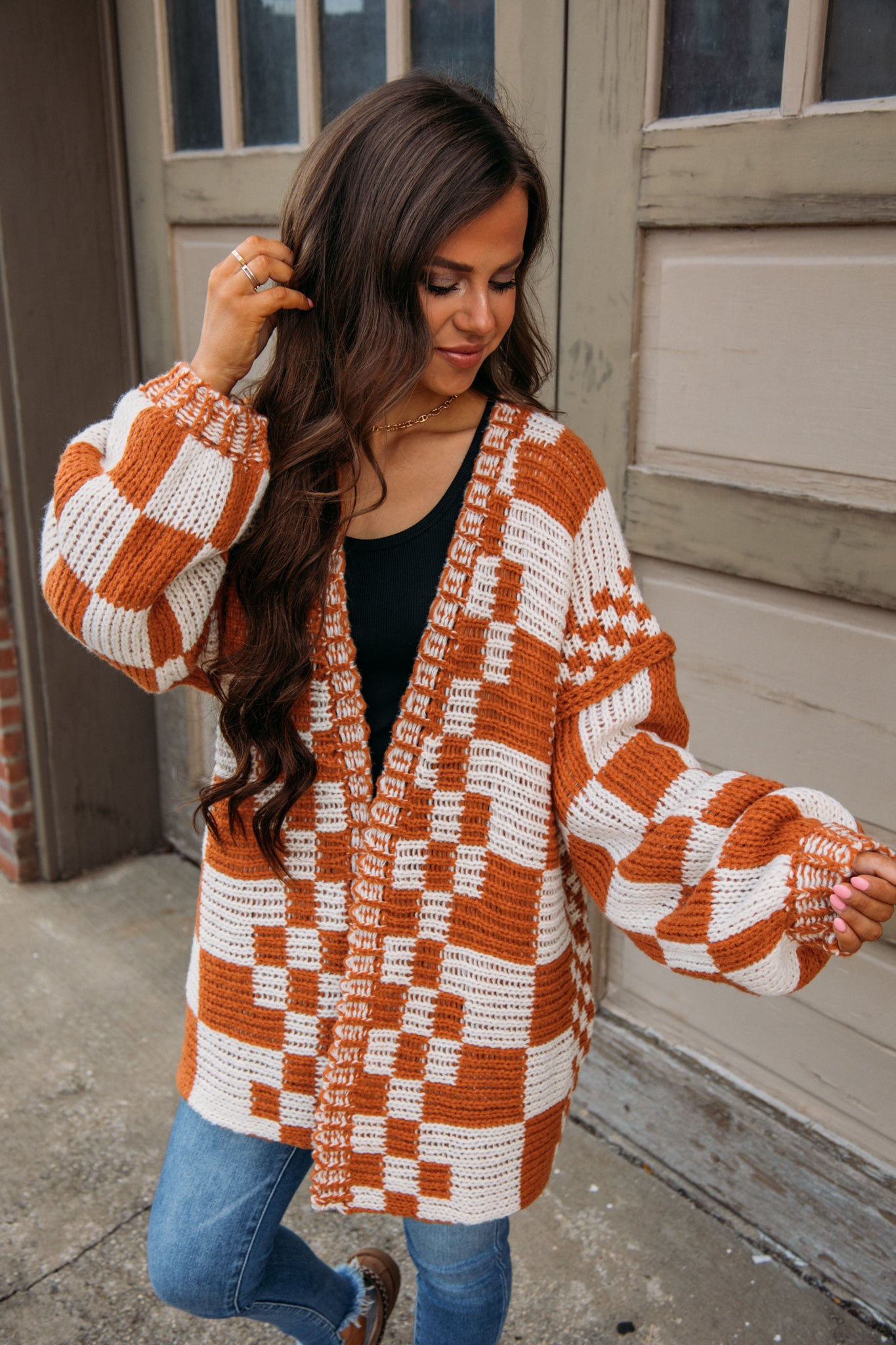 Song On Repeat Checkered Cardigan - Rust