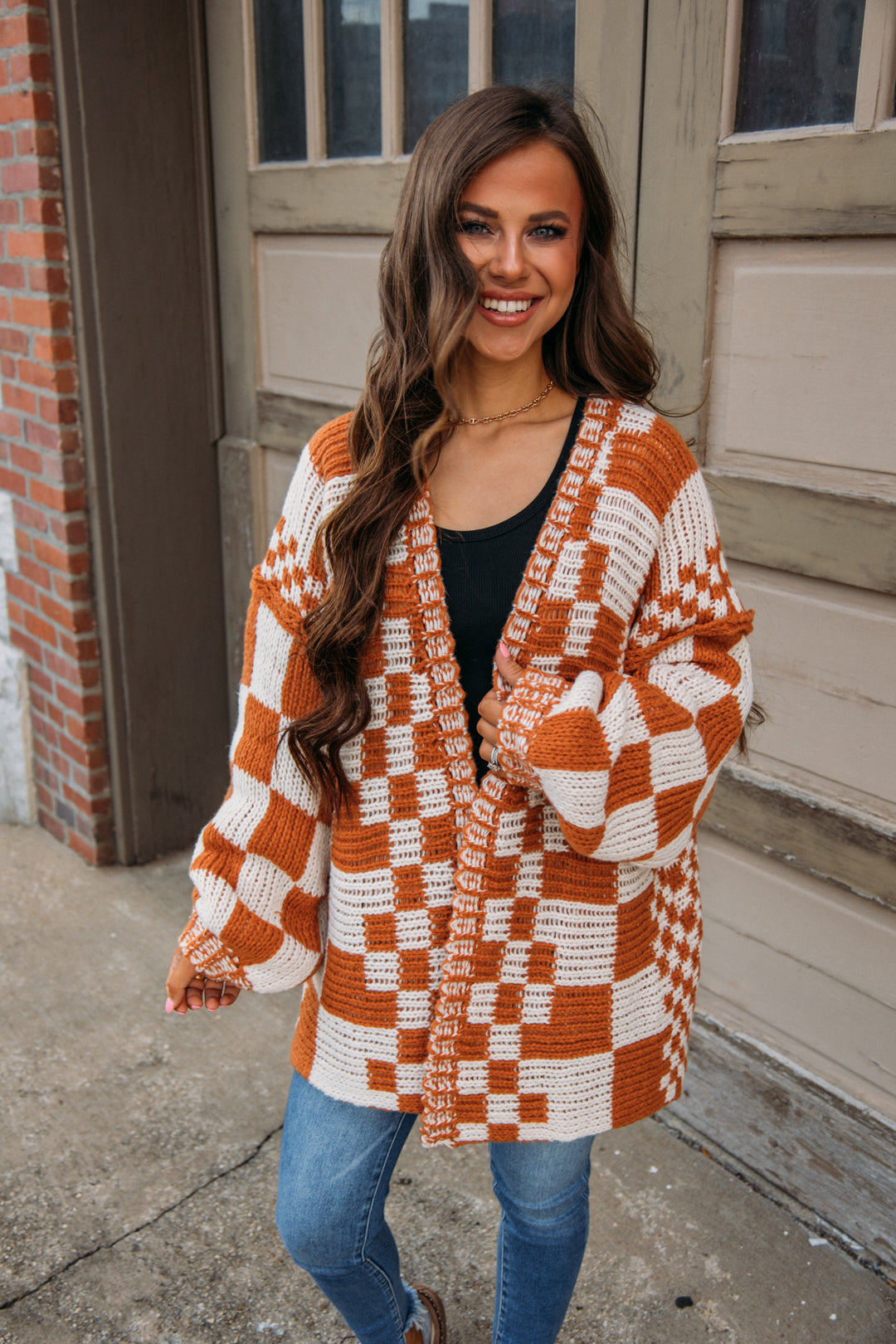 Song On Repeat Checkered Cardigan - Rust