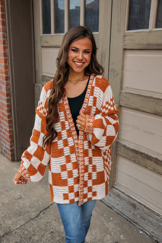Load image into Gallery viewer, Song On Repeat Checkered Cardigan - Rust
