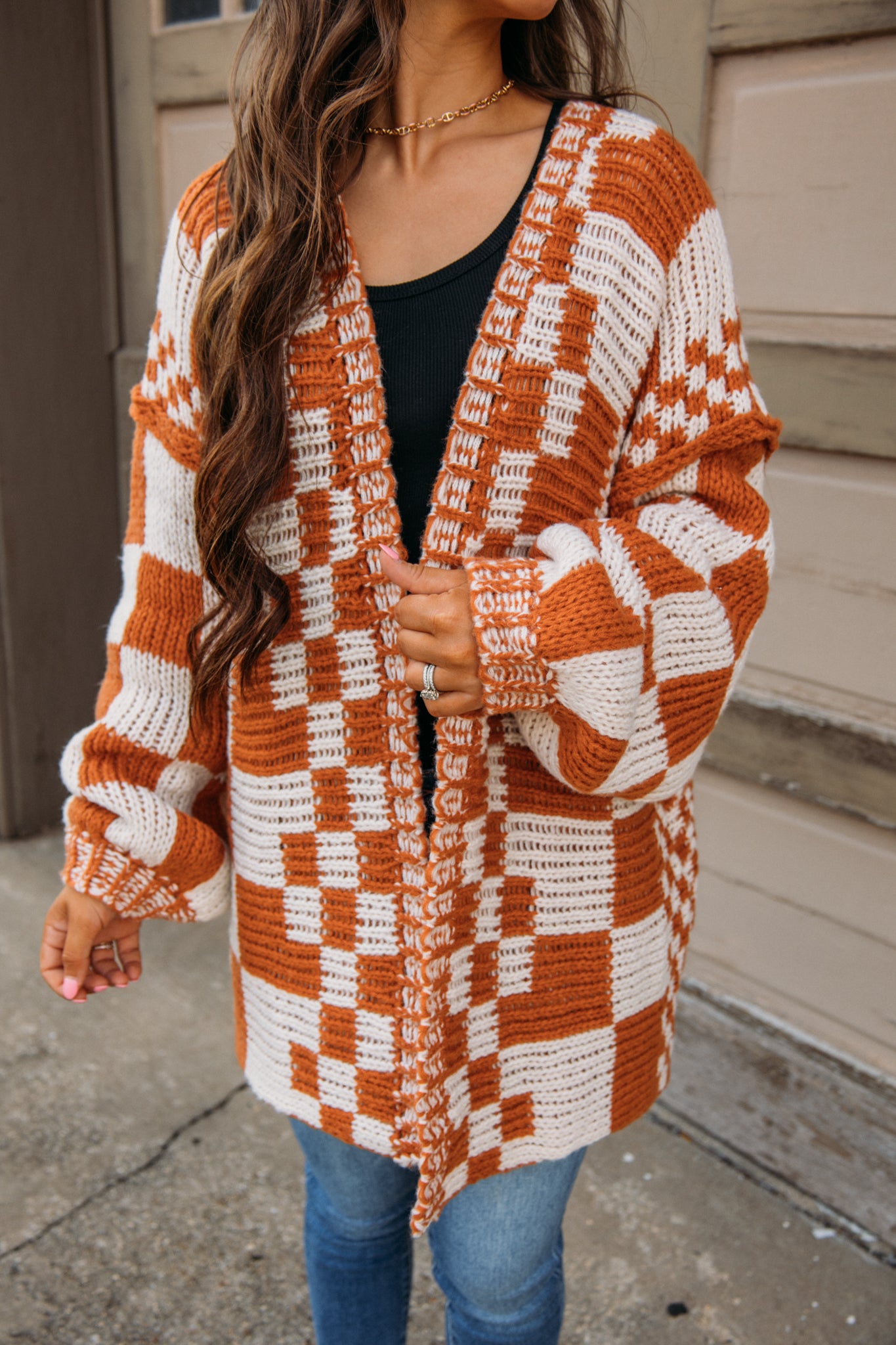 Load image into Gallery viewer, Song On Repeat Checkered Cardigan - Rust

