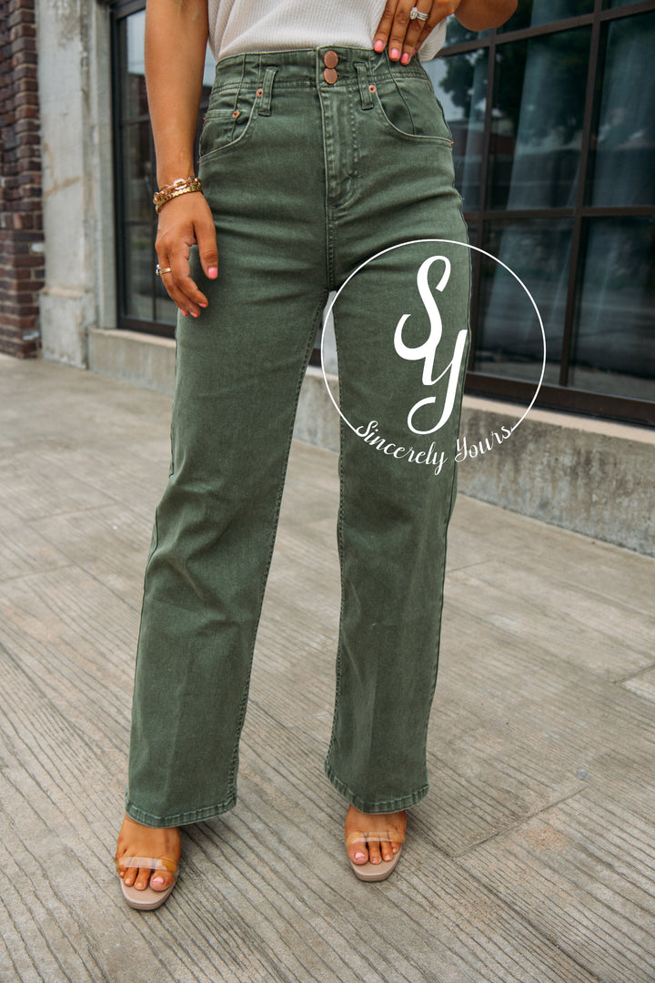 Dear John: Holly Super High Rise Wide Hem Straight Jeans -Army