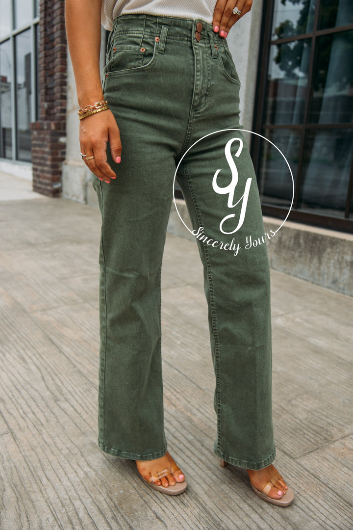 Dear John: Holly Super High Rise Wide Hem Straight Jeans -Army