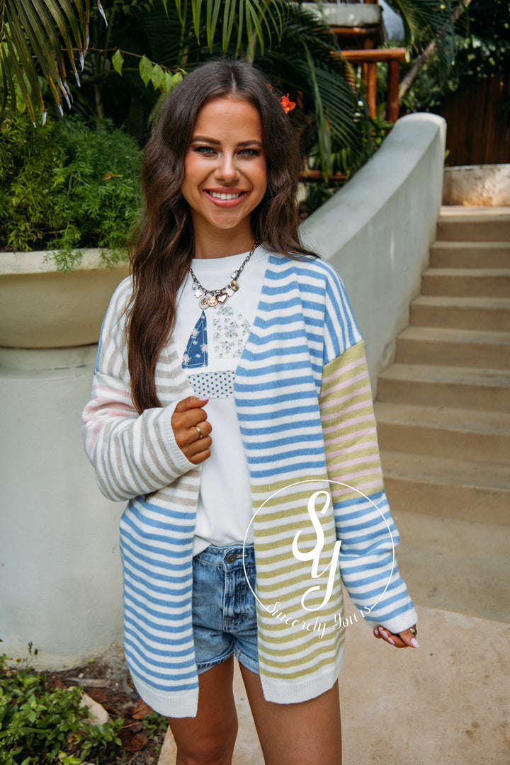 Soft Stripe Feels Cardigan - Blue/Taupe