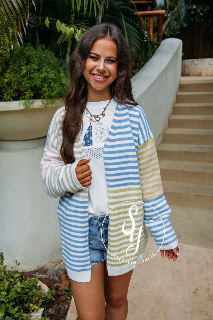 Soft Stripe Feels Cardigan - Blue/Taupe