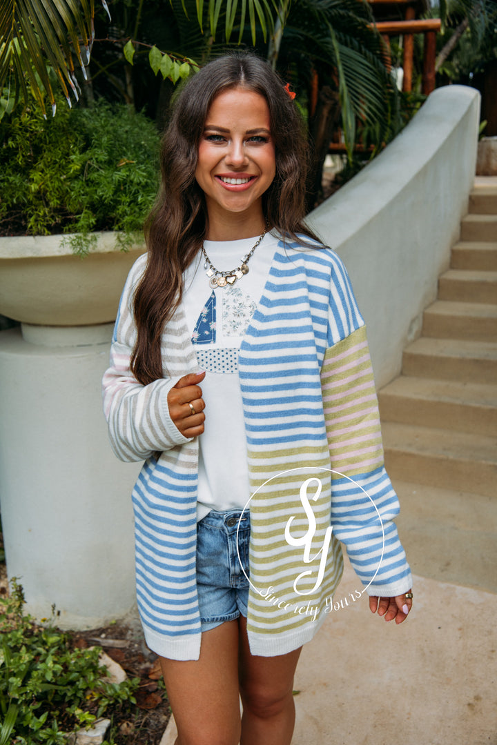 Soft Stripe Feels Cardigan - Blue/Taupe