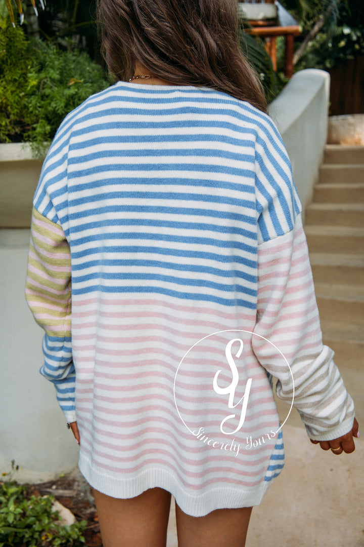 Soft Stripe Feels Cardigan - Blue/Taupe