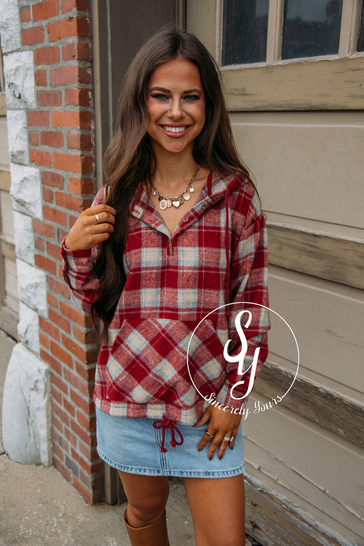 Cozy Flannel Pullover - Brick Red