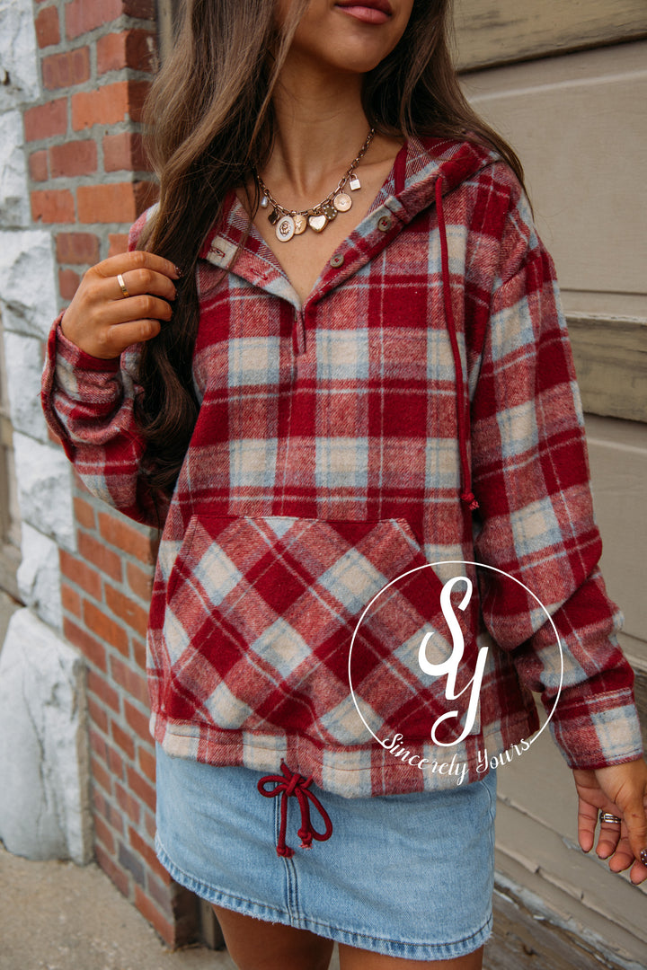 Cozy Flannel Pullover - Brick Red
