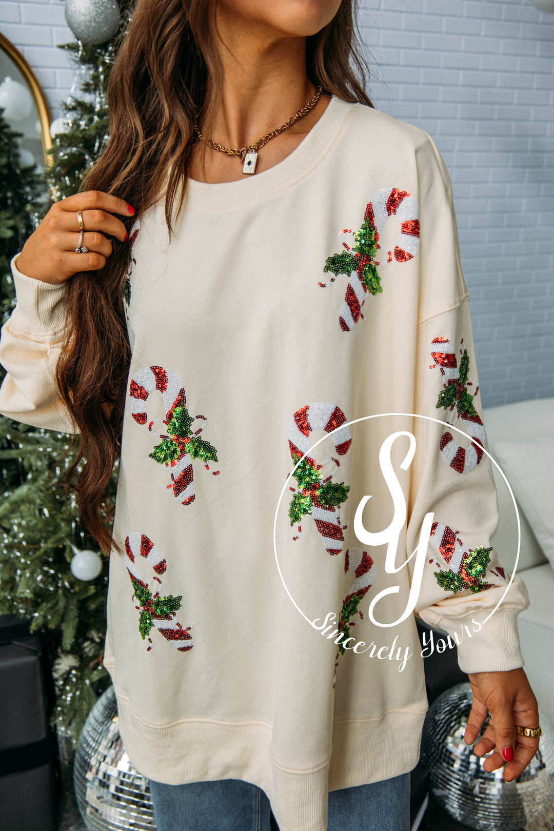 Candy Cane Kisses Top- Cream