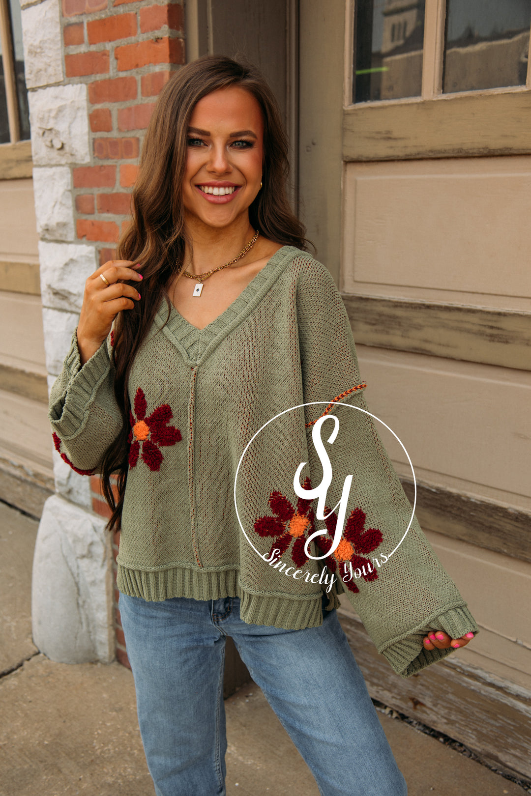 Boho Blooms Sweater-Olive