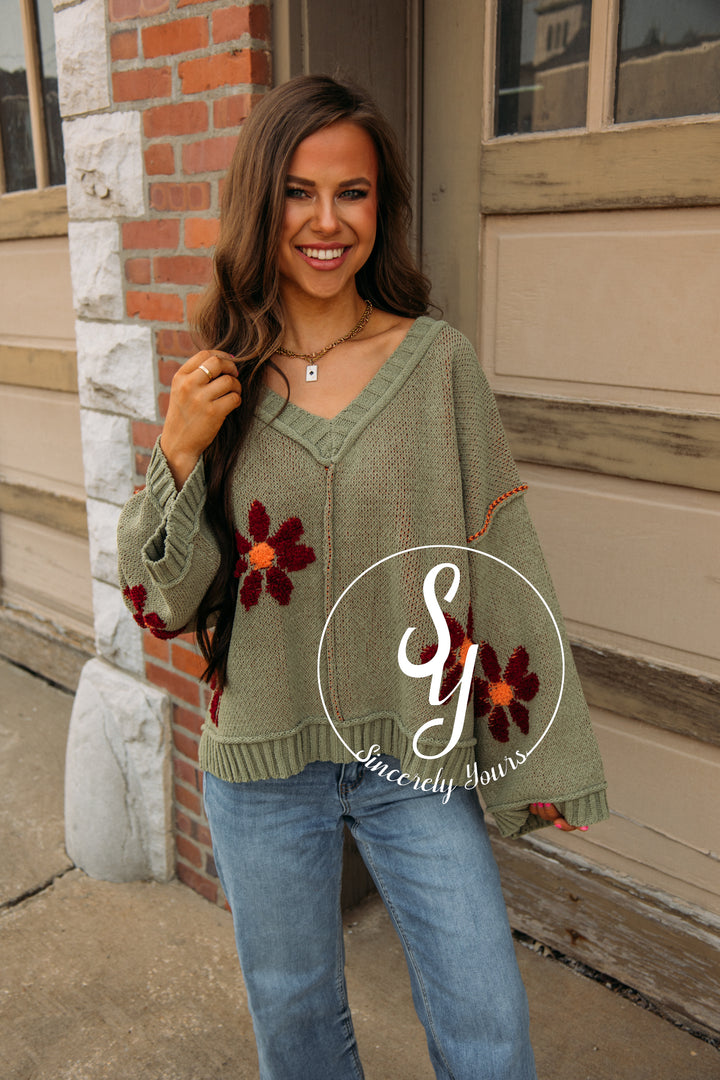 Boho Blooms Sweater-Olive