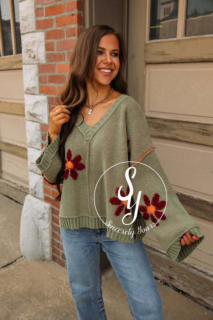 Boho Blooms Sweater-Olive